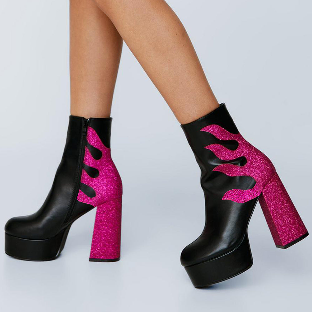 Fuchsia Glitter Splicing Chunky Heel Platform Black Ankle Boots