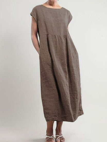 Solid color sleeveless loose cotton and linen pocket dress