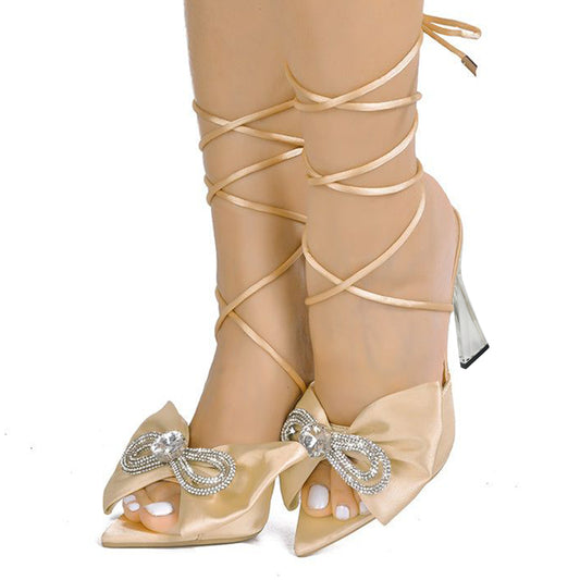 Beige Satin Pointed Toe 4'' Decorative Heel Lace Up Sandals with Bow