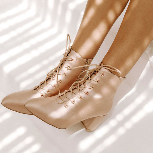 Beige Vegan Leather Pointed Toe Chunky Heel Lace-Up Ankle Boots