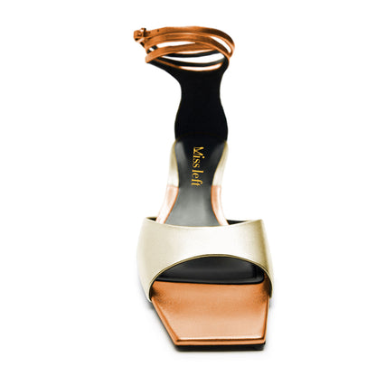 Gold & Orange Metallic Open Square Toe Kitten Heel Summer Sandals