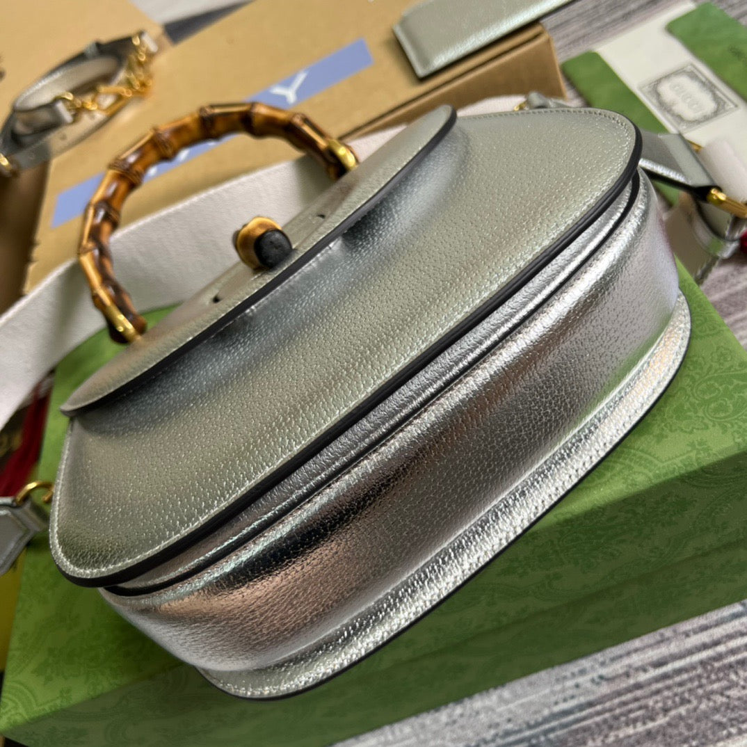gg Bamboo 1947 Medium Top Handle Bag Silver For Women, Women&#8217;s Bags 10.2in/26cm gg