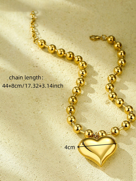 Fashion Beaded Heart Shape 18k Contrast Color Stainless Steel Necklace