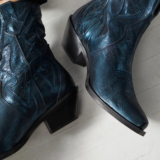 Dark Teal Pointed Toe Chunky Heel Embroidered Cowgirl Ankle Boots