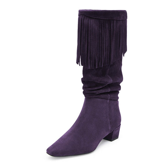 Dark Purple Vegan Suede Block Heel Slouch Square Toe Boots Women