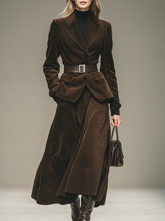 Elegant Vintage Western Style Corduroy Blazer And Skirt Set