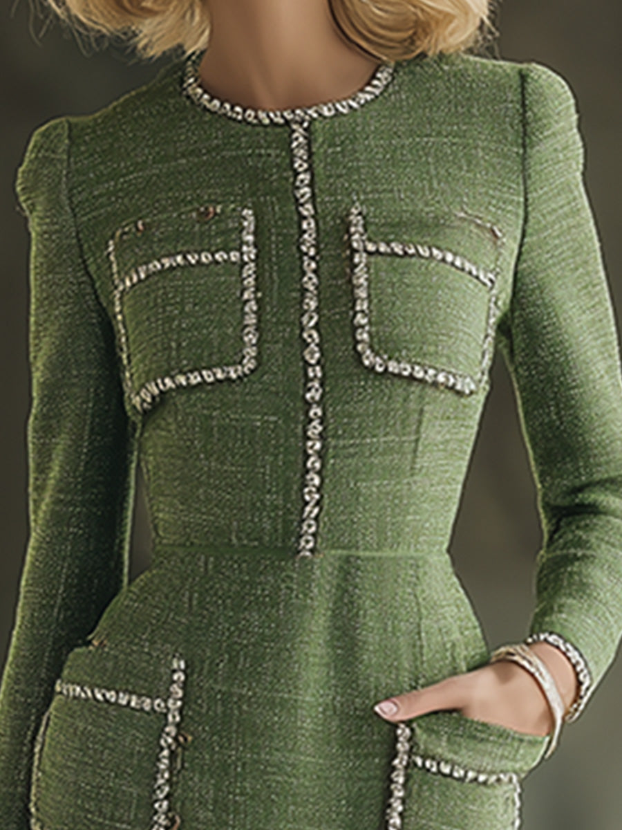 Elegant And Exquisite Green Round Neck Tweed Long Sleeve Midi Dress