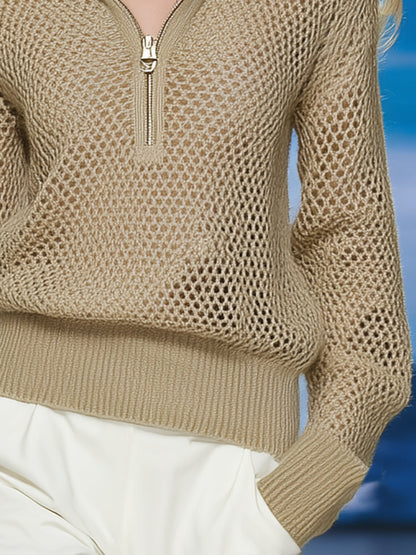Elegant And Casual Khaki Hollow Half-zip Sweater