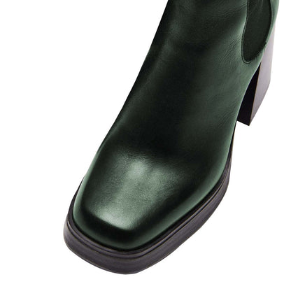 Dark Green Square Toe Chunky Heel Platform Chelsea Boots for Women