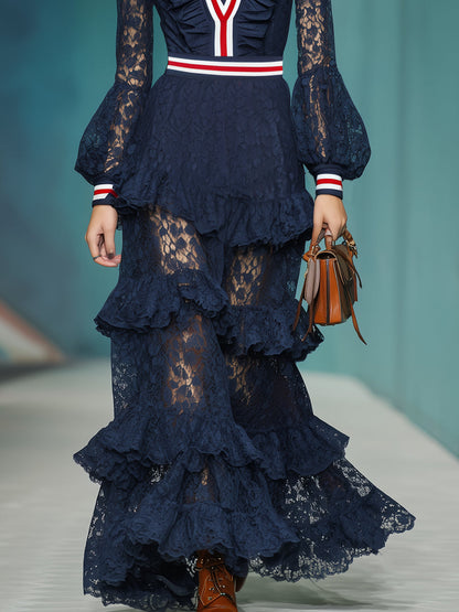 Fashionable And Elegant Red And White Stripes Navy Blue Lace Long-sleeved Maxi Dress