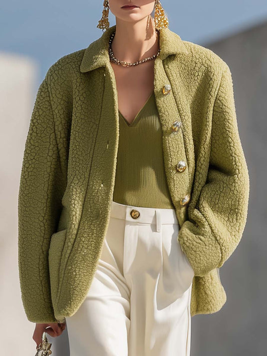 Fashionable And Versatile Fruit Green Polar Fleece Small Lapel Front Button Jacket Coat