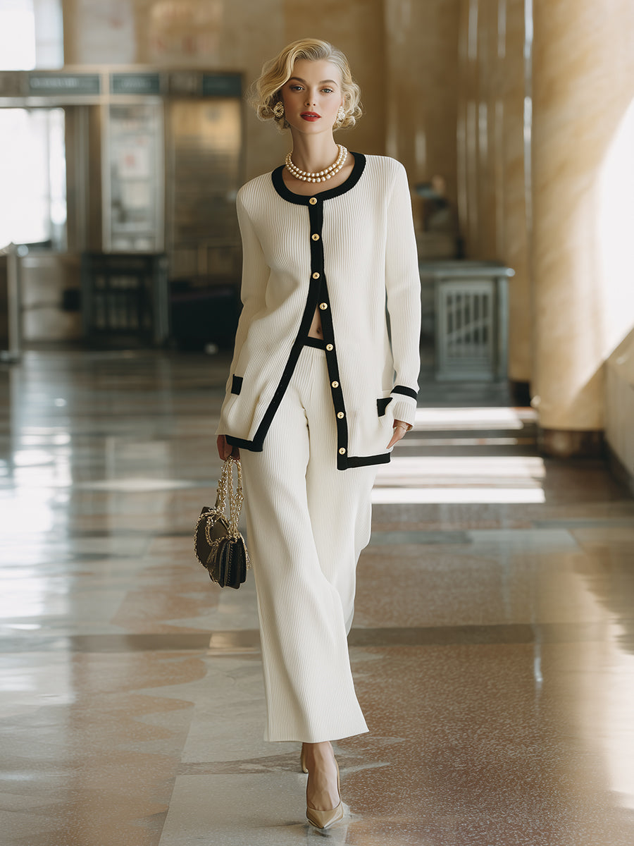 Elegant Classic Hemmed White Knitted Cardigan Wide-leg Pants Set