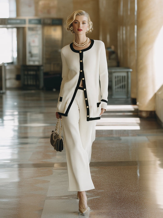 Elegant Classic Hemmed White Knitted Cardigan Wide-leg Pants Set