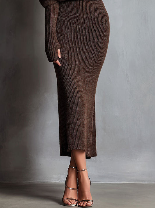Elegant Brown Ribbed Knit Keyhole Cutout Bodycon Midi Dress