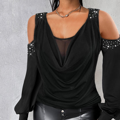 Fashion Cold Shoulder Rhinestone Mesh Drape Neck Lantern Sleeve Blouse