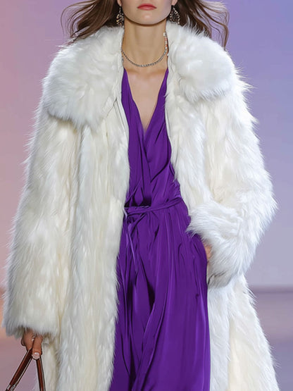 Fashionable And Elegant Retro White Faux Fur Long Coat