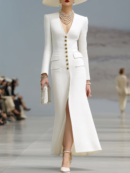 White Tweed V-neck Button-fastening Maxi Dress