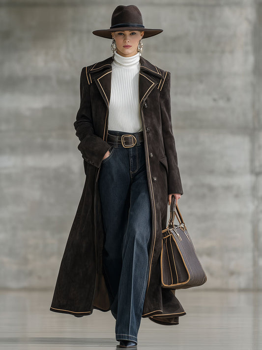 Fashionable Retro Web-Trimmed Cocoa Brown Faux Suede Long Coat