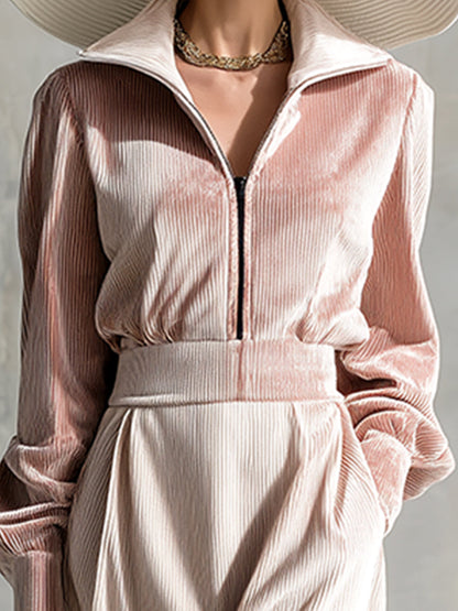 Fashion Casual Light Pink Velvet Lapel Zipper Long Sleeve Midi Dress