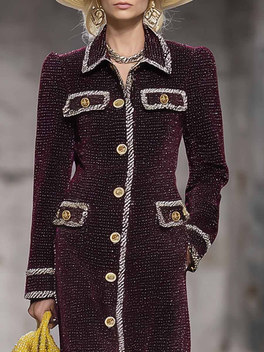 Fashion Retro Ribbon Trim Bright Silk Burgundy Velvet Long Coat
