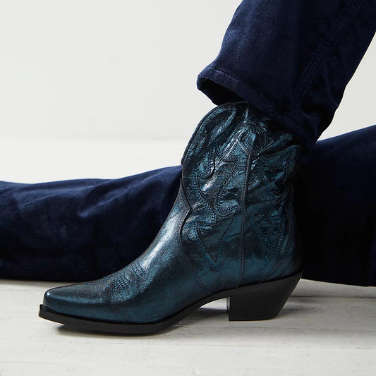 Dark Teal Pointed Toe Chunky Heel Embroidered Cowgirl Ankle Boots
