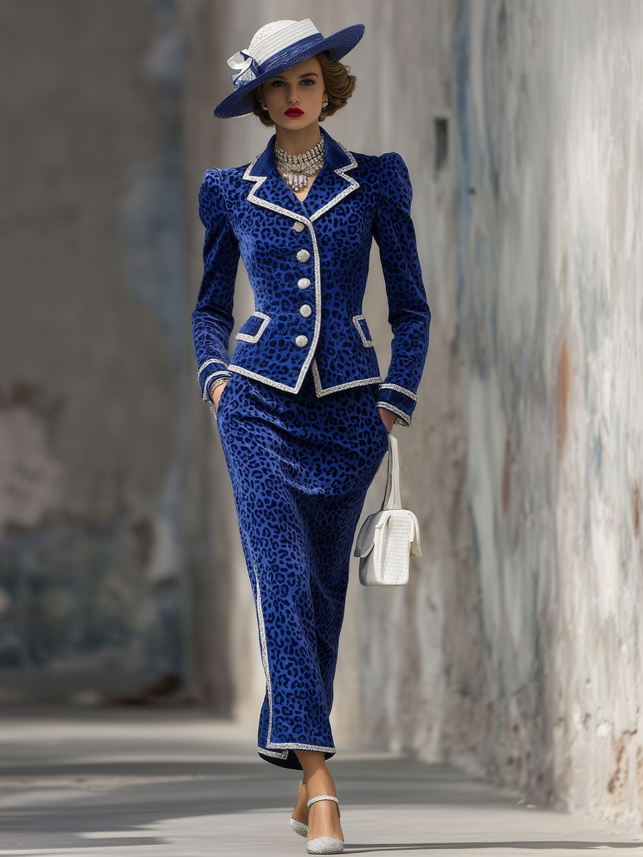 Elegant Lapel Single-breasted Suit And Skirt Leopard Velvet Two-piece Suit