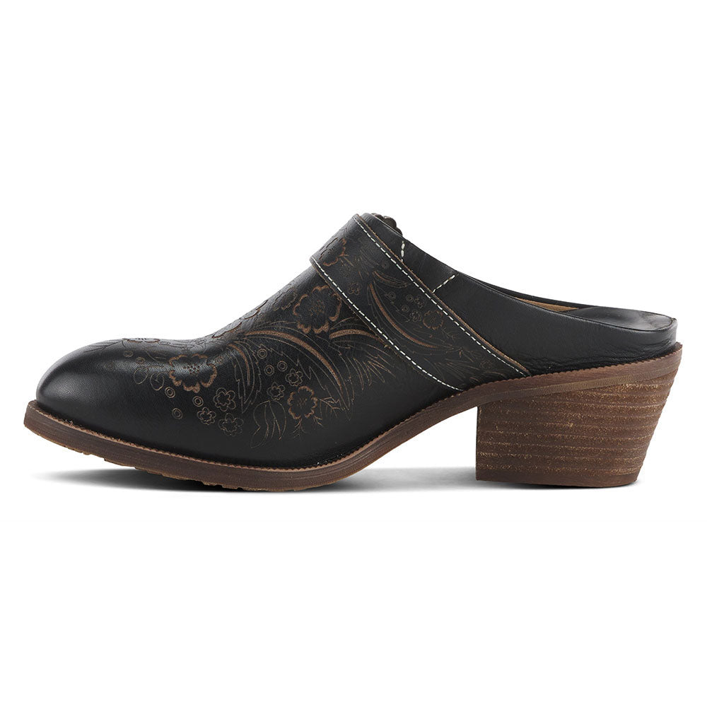 Floral Print Round Toe Block Heel Black Womens Western Mules
