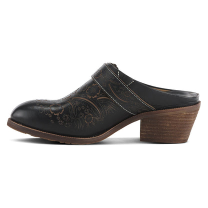 Floral Print Round Toe Block Heel Black Womens Western Mules