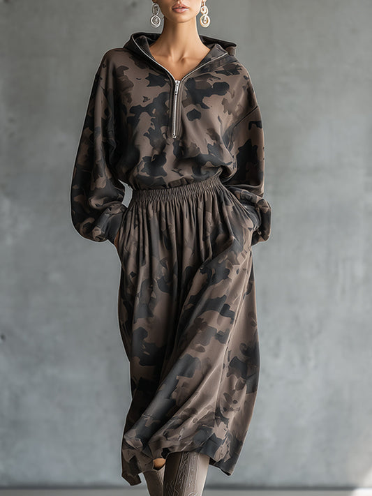 Fashionable Casual Brown Camouflage Print Hooded Half-zip Long-sleeved Midi Dress