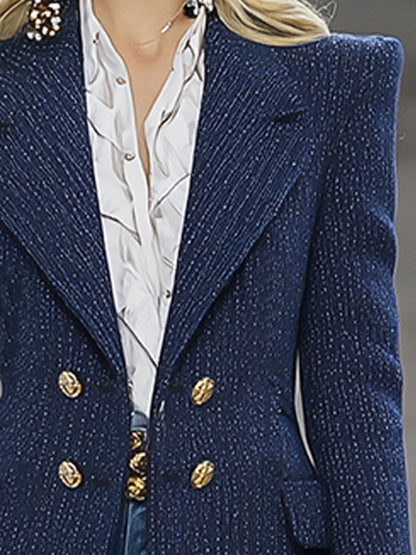 Fashion Vintage Blue Double-Breasted Tweed Blazer