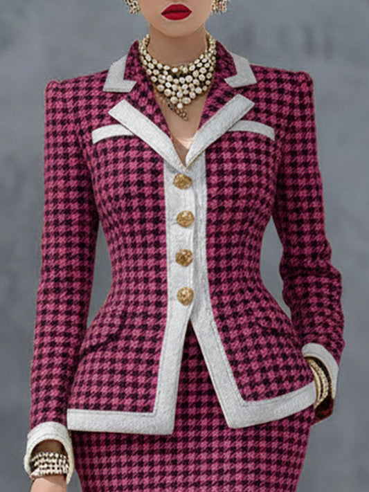 Elegant Houndstooth Blazer And Skirt Set