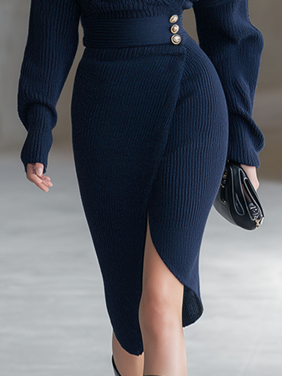 Elegant And Simple Navy Blue Knitted V-Neck Midi Dress