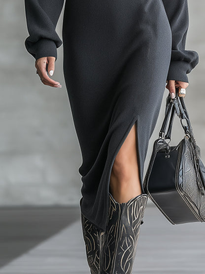 Fashionable Sports Lapel Half-zip Embroidered Gray Sweatshirt Long-sleeved Midi Dress