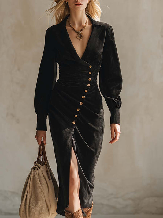 Elegant Vintage Black Slanted Button-down Faux Suede Midi Dress
