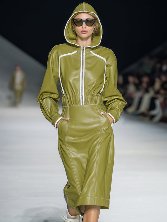 Fashionable Sports Green Faux Leather Hooded Midi Dress