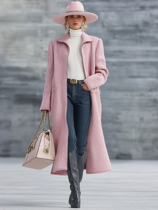 Fashion Retro Pink Knitted Zipper Cardigan Coat