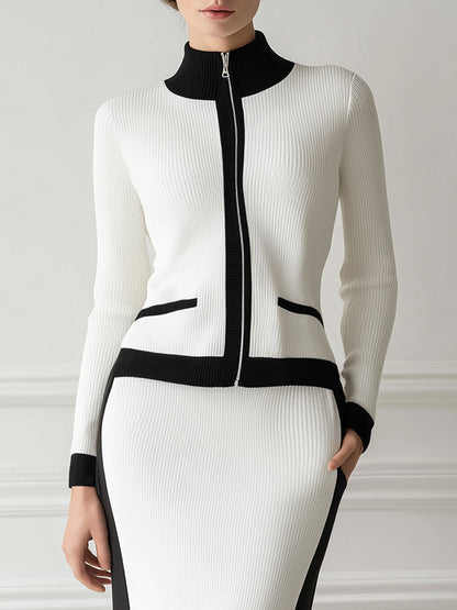 Fashionable Workplace Black Trim White Knitted Cardigan Skirt Set