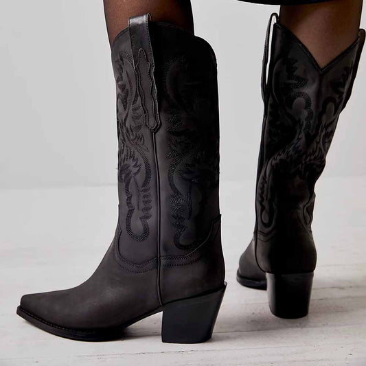 Dark Gray Pointed Toe Block Heel Embroidered Mid Calf Cowgirl Boots