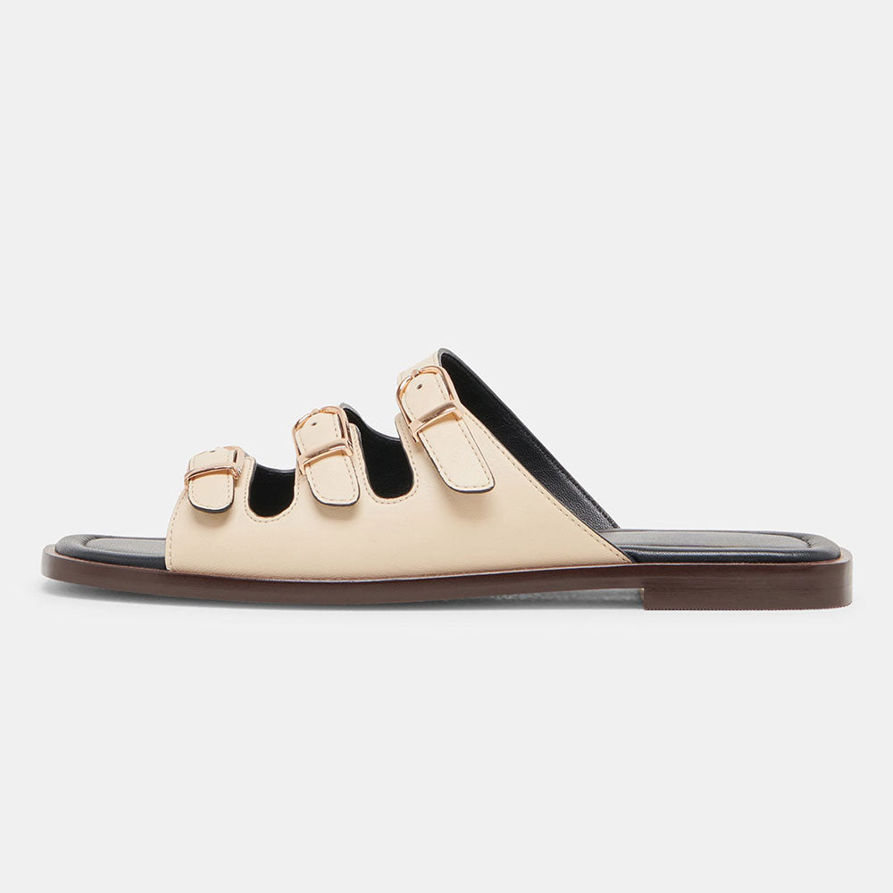 Elegant Beige Faux Leather Square Toe Slide Flat Summer Sandals