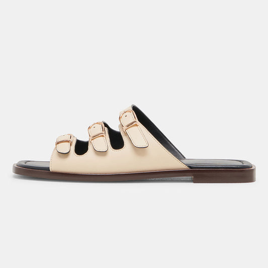 Elegant Beige Faux Leather Square Toe Slide Flat Summer Sandals