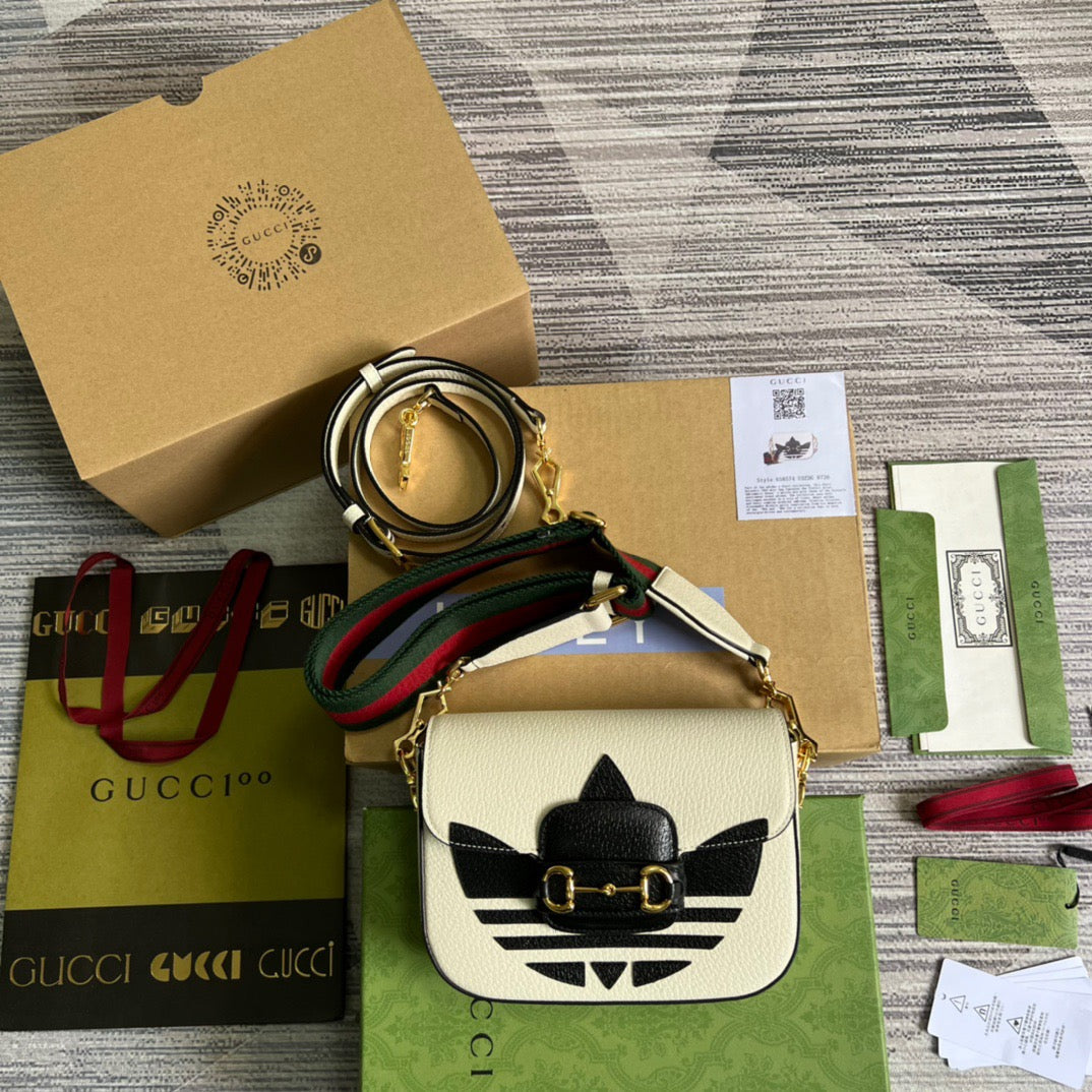 gg x Adidas Horsebit 1955 Mini Bag White For Women, Women&#8217;s Bags 8.1in/21cm gg 658574 U3ZDG 8727