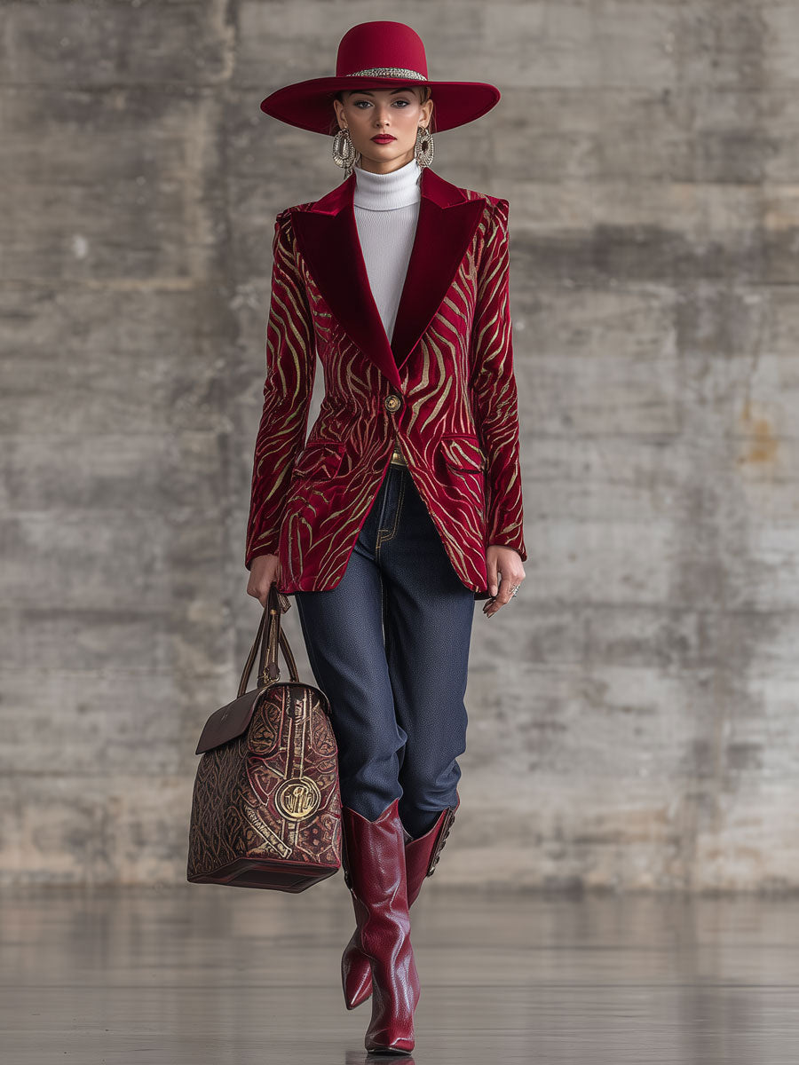 Fashion Retro Gold Zebra Pattern Red Velvet Blazer