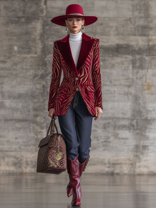 Fashion Retro Gold Zebra Pattern Red Velvet Blazer