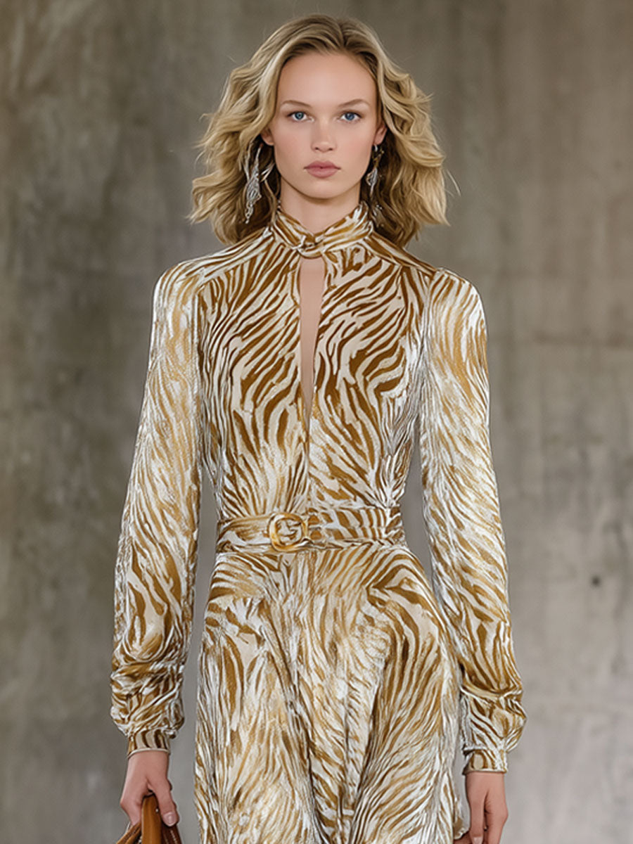Fashion Retro Champagne Velvet Gold Zebra Pattern Long-Sleeved Midi Dress