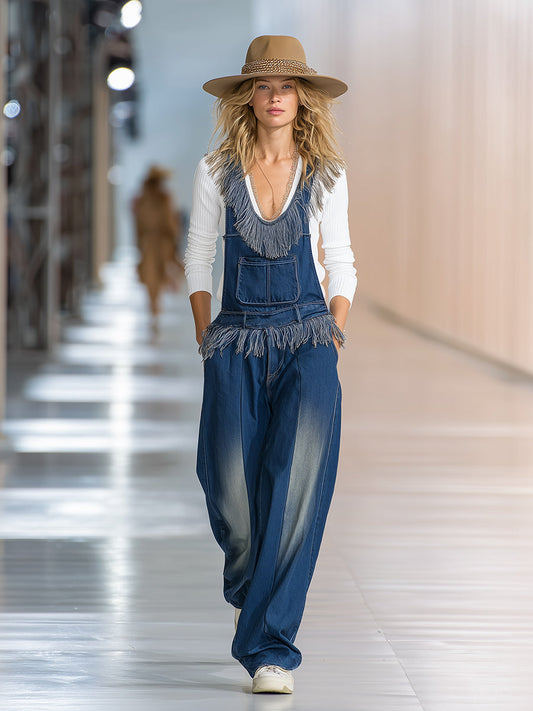 Fashionable Western-style Tassel Denim Wide-leg Overalls