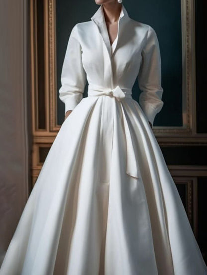 Casual Solid Color Stand Collar Shirt Midi Dress