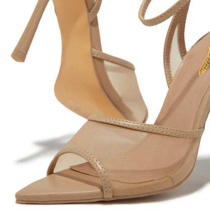 Elegant Nude Mesh Open Toe Buckled Ankle Strap High Heels Sandals
