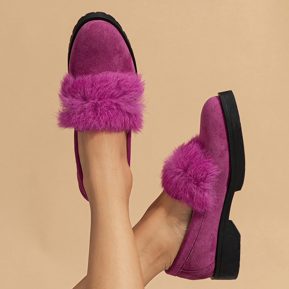 Fuchsia Vegan Suede Round Toe Fuzzy Decorated Loafer Shoes Women