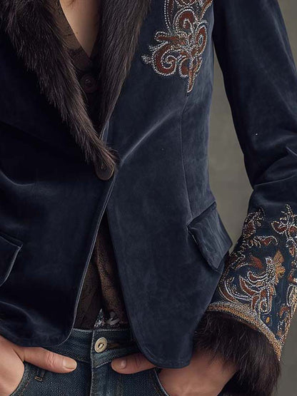 Embroidered Navy Velvet Jacket With Fur Collar And Cuffs