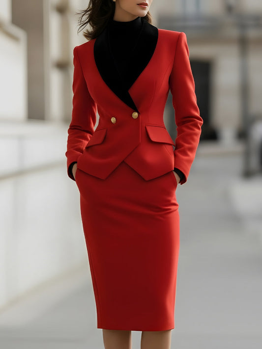 Elegant Tailored Blazer And Skirt Suit Set With Contrast Lapel